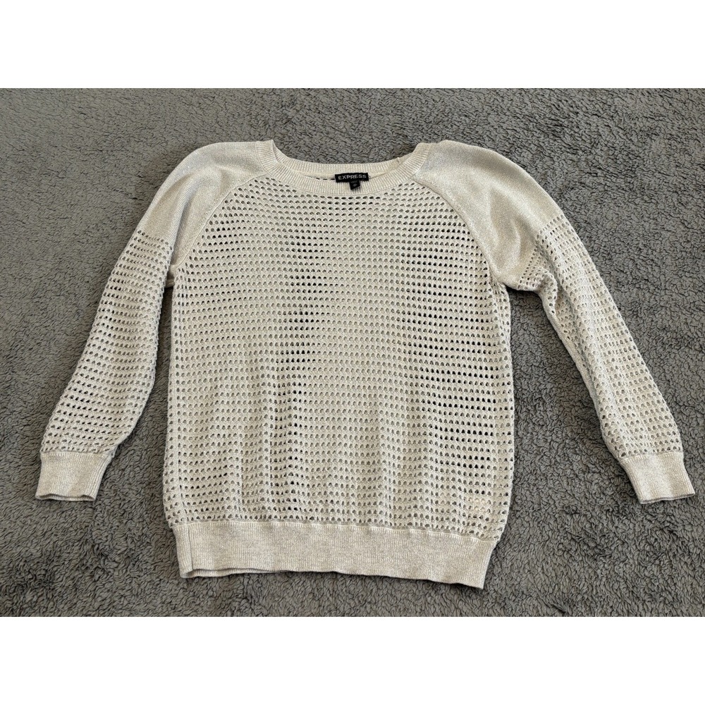 Express Open Knit Sweater Womens XS White Shimmer Fishnet Mesh Lightweight